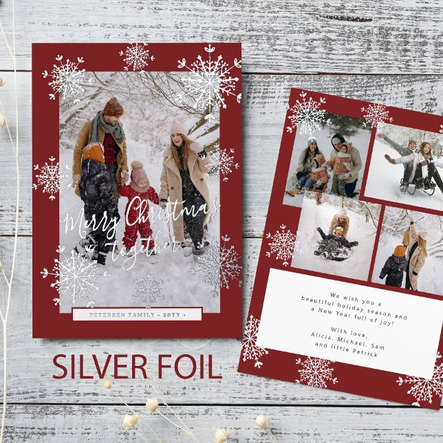 5 photo collage Merry Christmas silver snowflakes  Foil Holiday Card (Creator Uploaded)