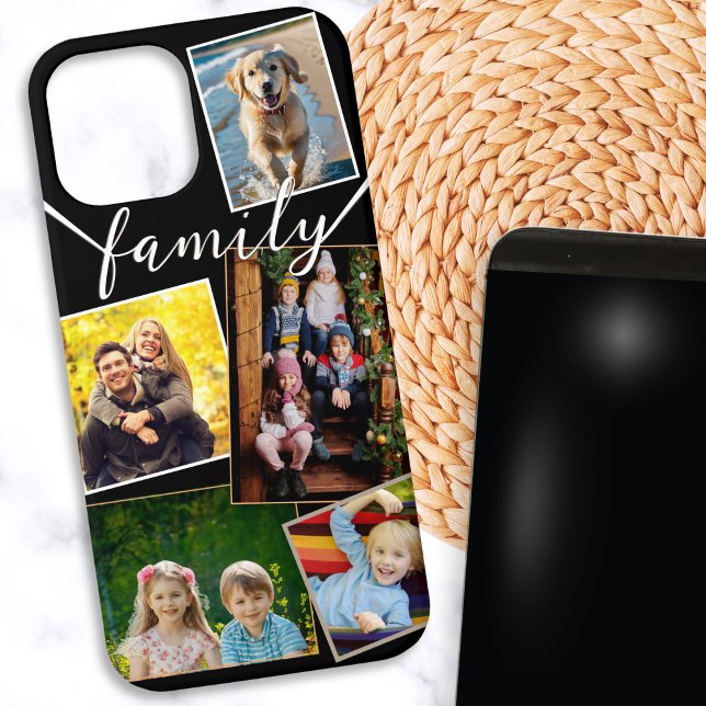 5 Photo Collage Modern Black White Stylish Case-Mate iPhone Case (A stylish phone case to personalize with 5 of your favorite photos, and script text 'family')