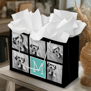 5 Photo Collage Monogram Black and Teal Large Gift Bag