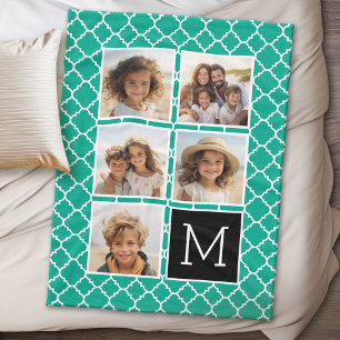 5 Photo Collage Monogram - Emerald Green and Black Fleece Blanket