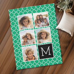 5 Photo Collage Monogram - Emerald Green and Black Fleece Blanket