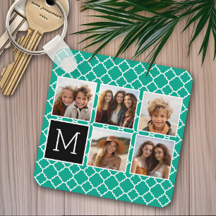 5 Photo Collage Monogram - Emerald Green and Black Key Ring