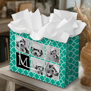 5 Photo Collage Monogram - Emerald Green and Black Large Gift Bag