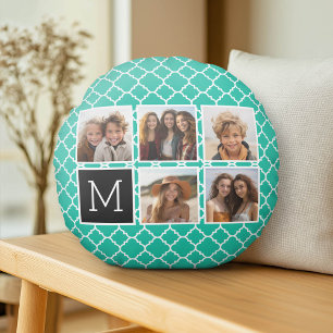 5 Photo Collage Monogram - Emerald Green and Black Round Cushion