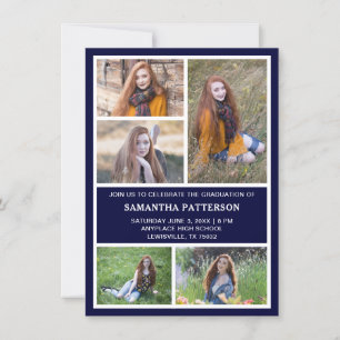 5 Photo Collage Navy Blue & White Graduation Invitation