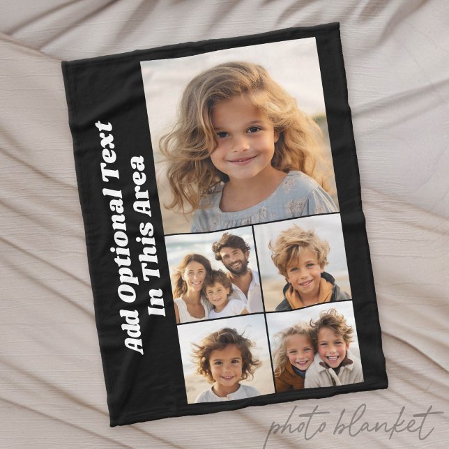 5 Photo Collage Optional Text - can edit black Fleece Blanket (Custom Photo Blanket)