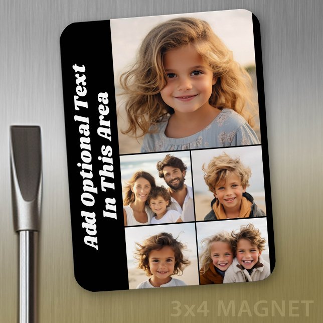 5 Photo Collage Optional Text - can edit black Magnet (Personalized fridge magnet - add photos and custom text)