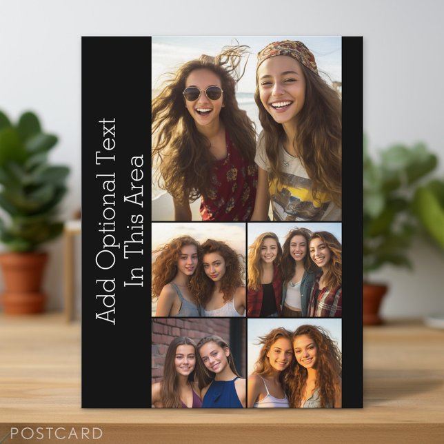 5 Photo Collage Optional Text - can edit black Postcard (Personalized Photo Postcard)