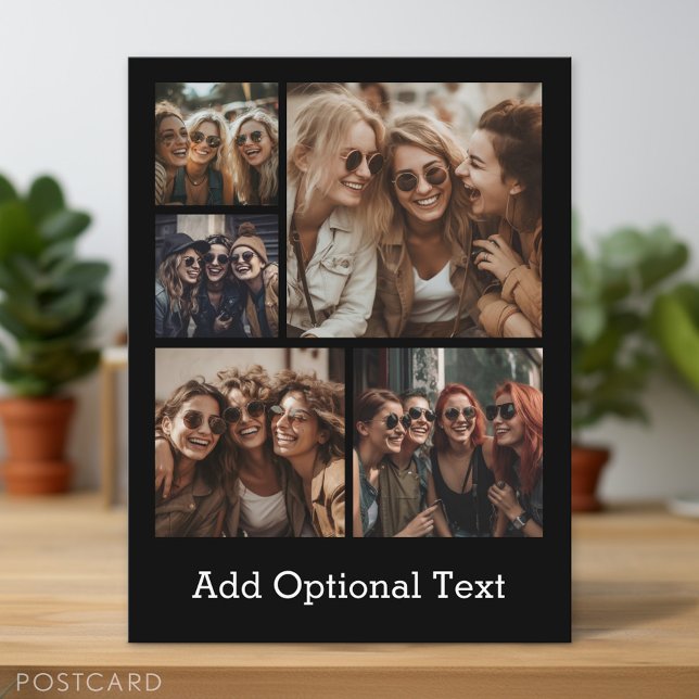 5 Photo Collage Optional Text -- CAN Edit Black Postcard (Personalized Photo Postcard)