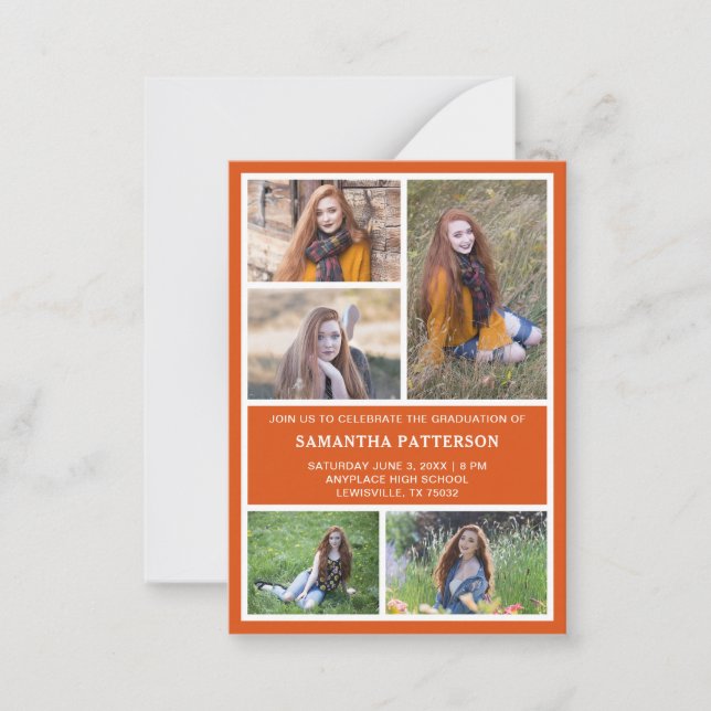 5 Photo Collage Orange & White Graduation Ceremony Card (Front)