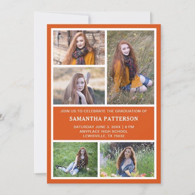  5 Photo Collage Orange & White Graduation  Invitation (Front)