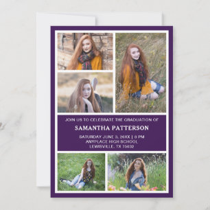  5 Photo Collage Purple & White Graduation Invitation