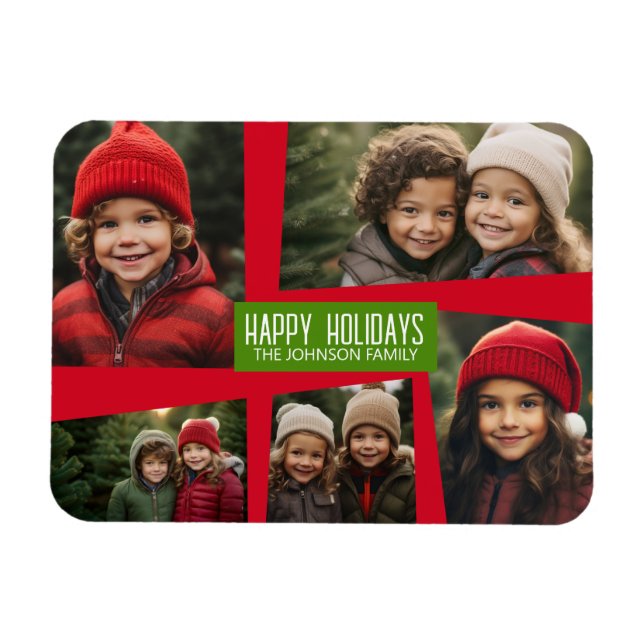 5 Photo Collage Retro Happy Holidays Red Green Magnet (Horizontal)