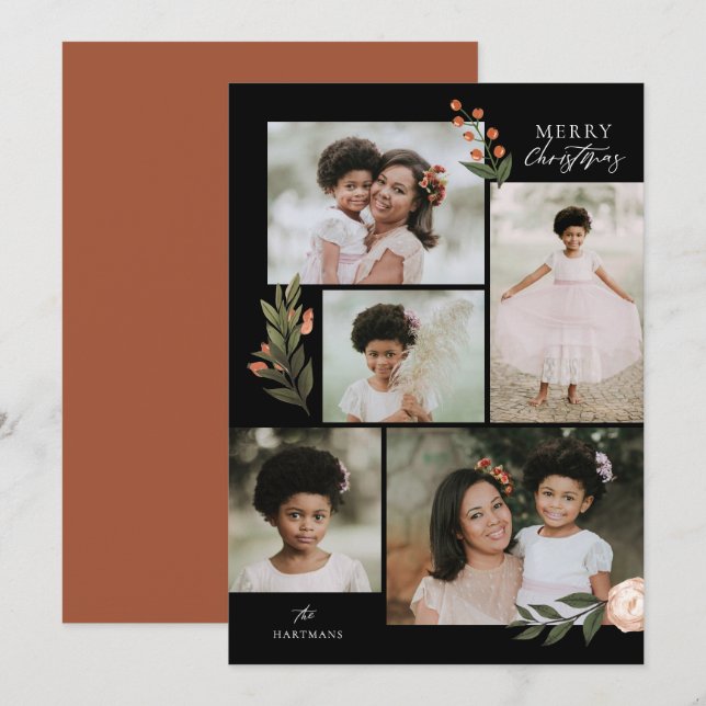 5 Photo Collage Terracotta Boho Floral Christmas Holiday Card (Front/Back)