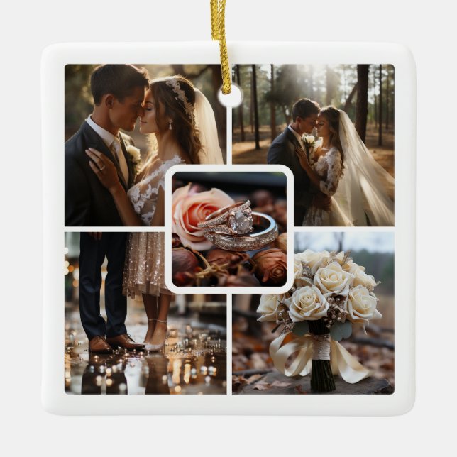 5 Photo Collage Wedding Ceramic Ornament (Front)