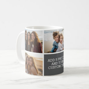 5 Photo Collage with Text - Minimal Grey White Coffee Mug