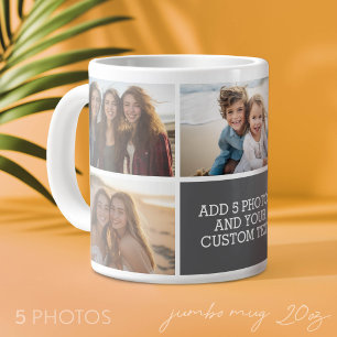 5 Photo Collage with Text - Minimal Grey White Large Coffee Mug