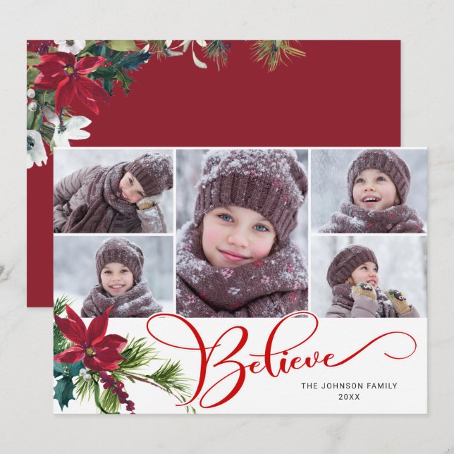 5 Photo Elegant Poinsettia Christmas BELIEVE Holiday Card (Front/Back)