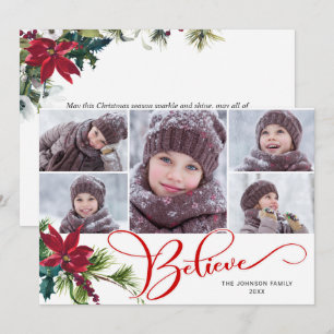 5 Photo Elegant Poinsettia Christmas BELIEVE Holiday Card