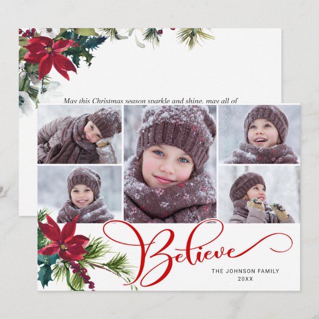 5 Photo Elegant Poinsettia Christmas BELIEVE Holiday Card (Front/Back)