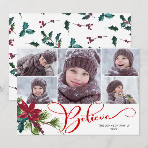 5 Photo Elegant Poinsettia Christmas BELIEVE Holiday Card