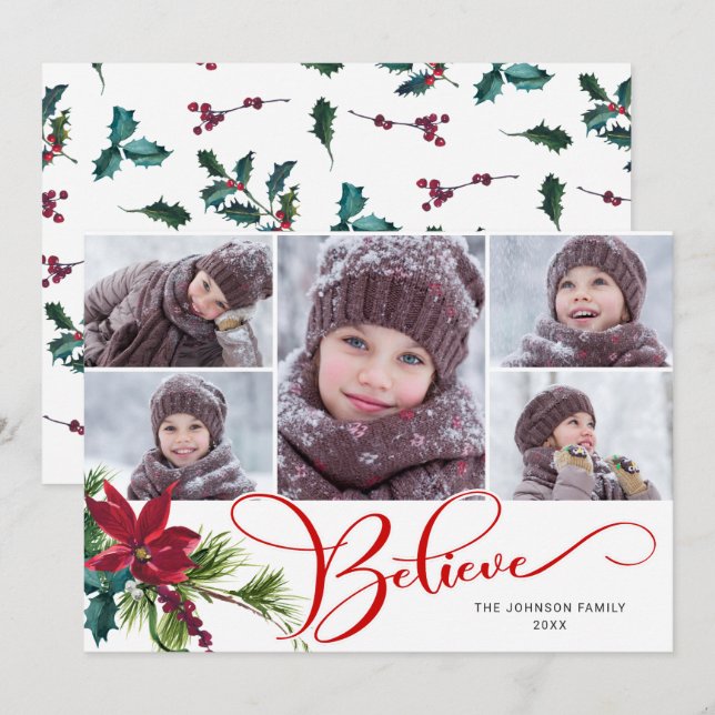 5 Photo Elegant Poinsettia Christmas BELIEVE Holiday Card (Front/Back)