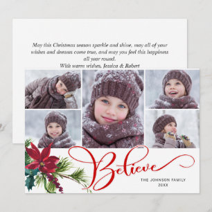 5 Photo Elegant Poinsettia Christmas BELIEVE Holiday Card