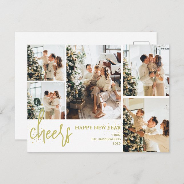 5 Photo Elegant Script Modern Happy New Year Holiday Postcard (Front/Back)