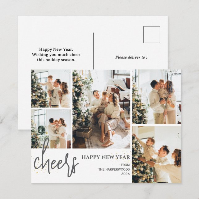 5 Photo Elegant Script Modern Happy New Year Holiday Postcard (Front/Back)