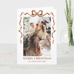 5 Photo Festive Boho Beige Christmas Bow Ribbon Holiday Card