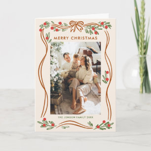 5 Photo Festive Boho Beige Christmas Bow Ribbon Holiday Card