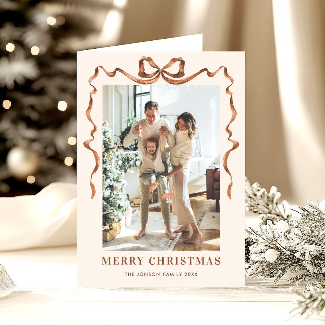 5 Photo Festive Boho Beige Christmas Bow Ribbon Holiday Card (Creator Uploaded)