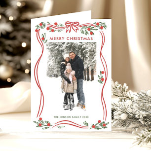 5 Photo Festive Boho Red Christmas Bow Ribbon Holiday Card