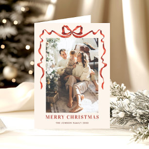 5 Photo Festive Boho Red Christmas Bow Ribbon Holiday Card