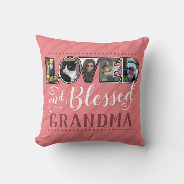 5 Photo Fill Letters Loved and Blessed Grandma Cushion (Front)