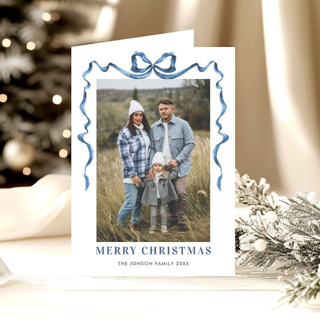 5 Photo Funky Dusty Blue Christmas Bow Ribbon Holiday Card (Creator Uploaded)