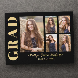5 Photo Grad Collage Modern Script Black and Gold Postcard