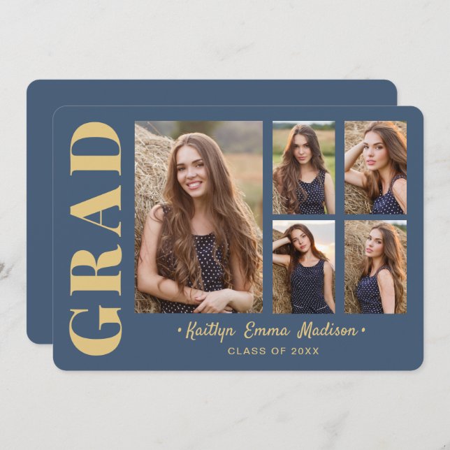 5 Photo Grad Collage Modern Script Blue and Gold Announcement (Front/Back)