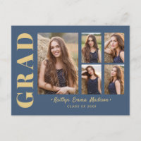 5 Photo Grad Collage Modern Script Blue and Gold
