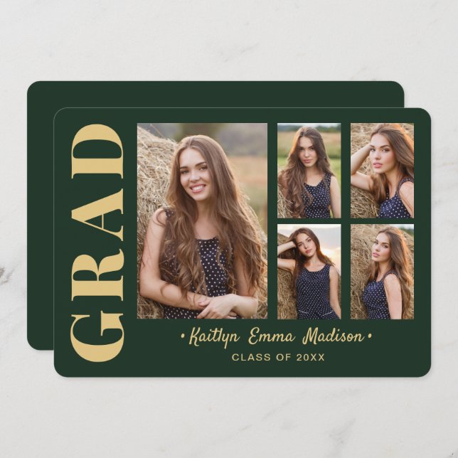 5 Photo Grad Collage Modern Script Green and Gold Announcement (Front/Back)