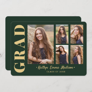 5 Photo Grad Collage Modern Script Green and Gold Announcement