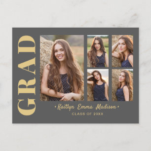 5 Photo Grad Collage Modern Script Grey and Gold Postcard