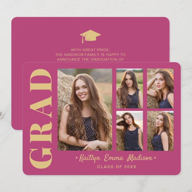 5 Photo Grad Collage Modern Script Pink and Gold Announcement (Front/Back)