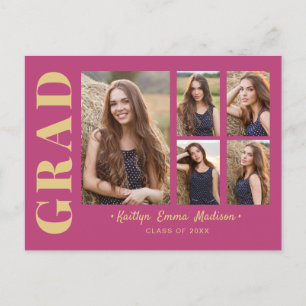 5 Photo Grad Collage Modern Script Pink and Gold Postcard