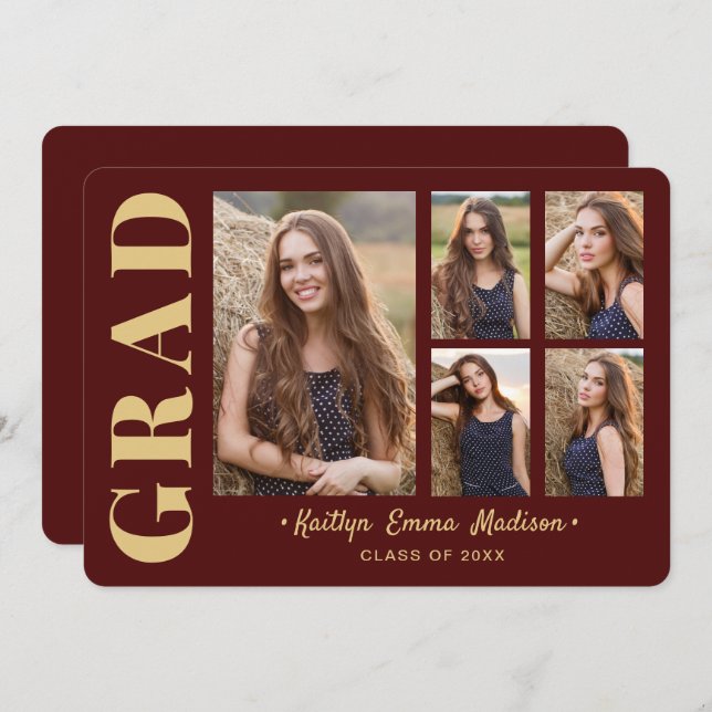 5 Photo Grad Collage Modern Script Red and Gold Announcement (Front/Back)