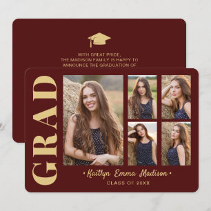 5 Photo Grad Collage Modern Script Red and Gold Announcement