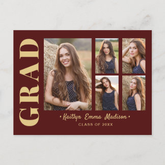 5 Photo Grad Collage Modern Script Red and Gold Postcard