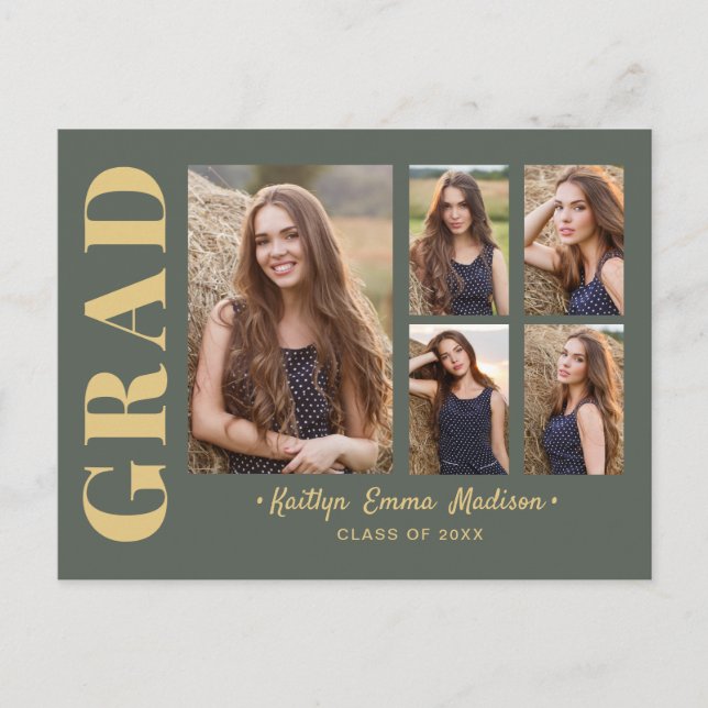 5 Photo Grad Collage Modern Script Sage and Gold Postcard (Front)
