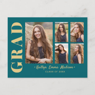 5 Photo Grad Collage Modern Script Teal and Gold Postcard
