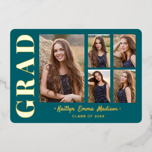5 Photo Grad Collage Teal & Gold Foil Card